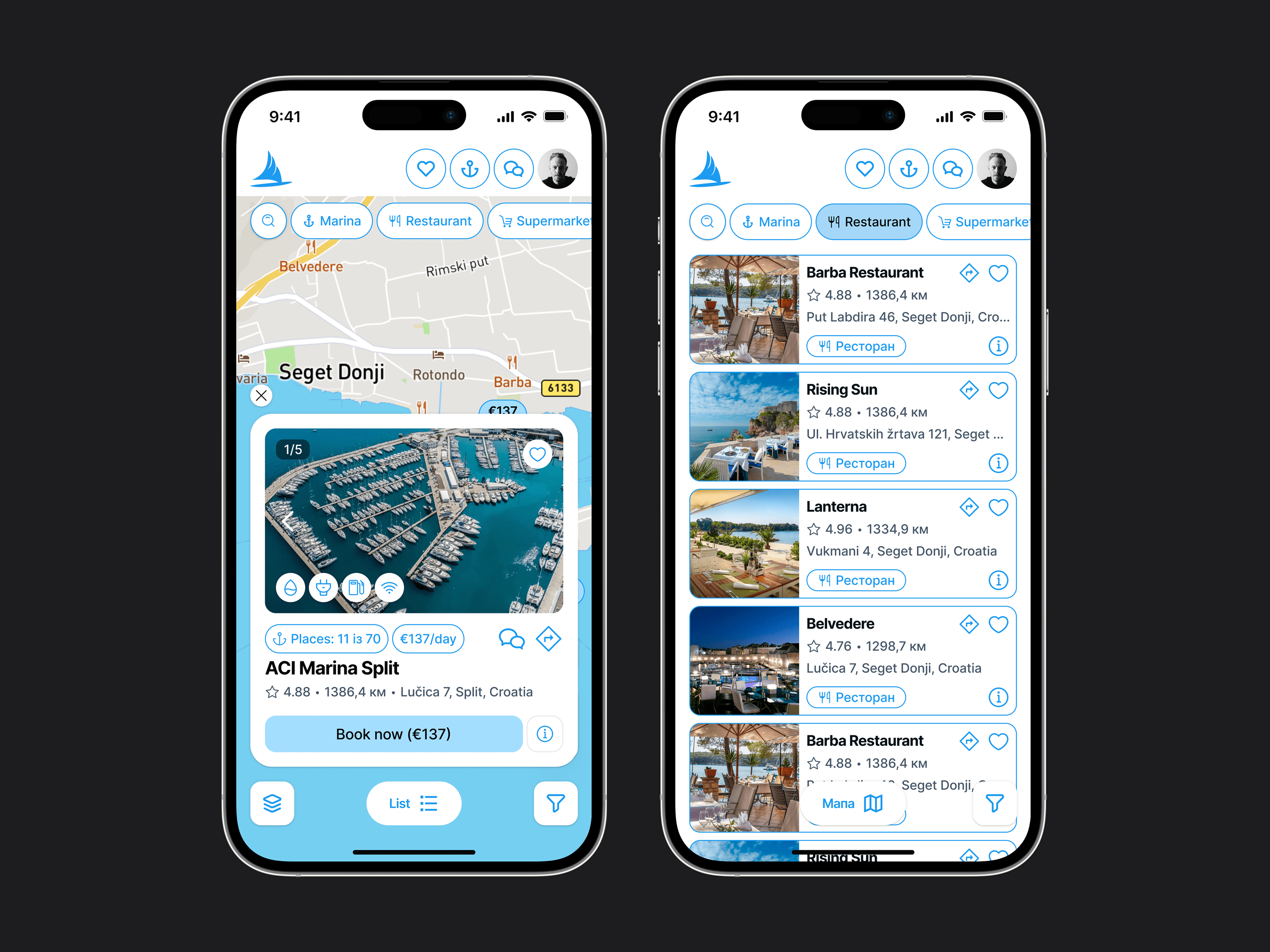 Yacht booking app with payments and interactive map.